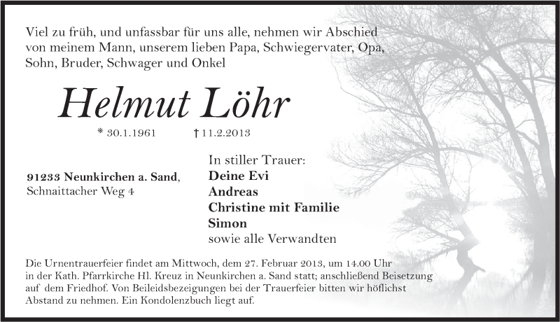  Traueranzeige für Helmut Löhr vom 23.02.2013 aus Pegnitz-Zeitung
